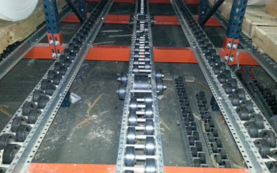 Warehouse flow rack system for pallets