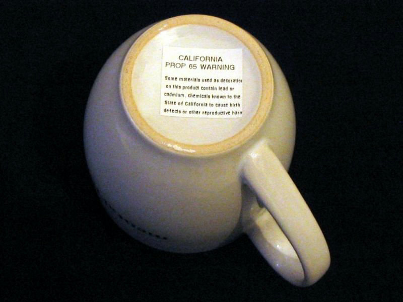 California Prop 65 label on a mug containing lead